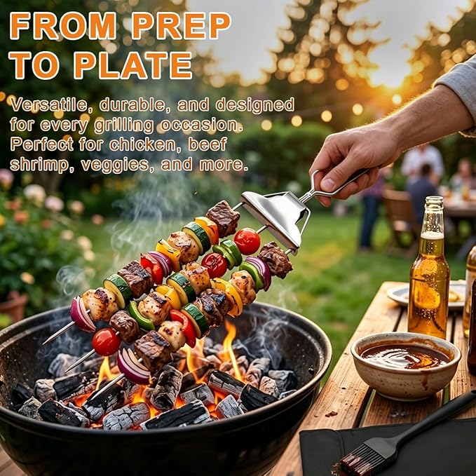 3 Prong Kabob Skewers for Grilling Set, 14.7" Stainless Steel Metal BBQ Skewers with Push-Off Slider, Silicone Basting Brush & Storage Bag, Reusable Shish Kabob Skewers for Meat & Vegetables