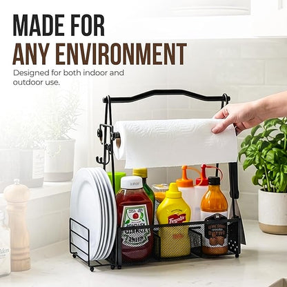 Grill Caddy for Outdoor Kitchen - Foldable Picnic Caddy for BBQ Accessories - Versatile Outdoor Kitchen Accessories Basket with Paper Roll Holder, Hooks & Compartments