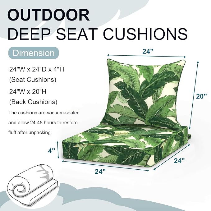 DYTXIII Outdoor Deep Seat Cushion Set, Water Repellent 24"x24" Patio Thick Cushions Replacement with Seat & Back Pillow for Patio Sofa, Wicker Chair, Couch - Swaying Palms Green
