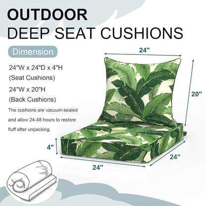 DYTXIII Outdoor Deep Seat Cushion Set, Water Repellent 24"x24" Patio Thick Cushions Replacement with Seat & Back Pillow for Patio Sofa, Wicker Chair, Couch - Swaying Palms Green