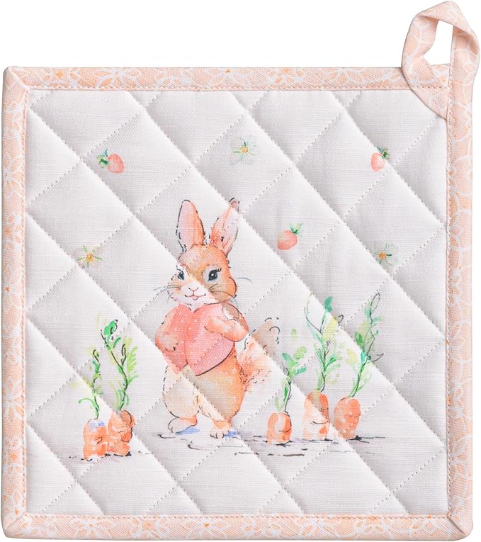Maison d' Hermine Pot Holders 100% Cotton Heat Resistant Potholders 8" x 8" Hot Pads with Loop BBQ Cooking Baking Hotel Farmhouse Kitchen Handling Hot Pans Spring Summer (Pack of 1, Bunny Party)