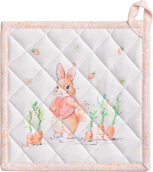 Maison d' Hermine Pot Holders 100% Cotton Heat Resistant Potholders 8" x 8" Hot Pads with Loop BBQ Cooking Baking Hotel Farmhouse Kitchen Handling Hot Pans Spring Summer (Pack of 1, Bunny Party)