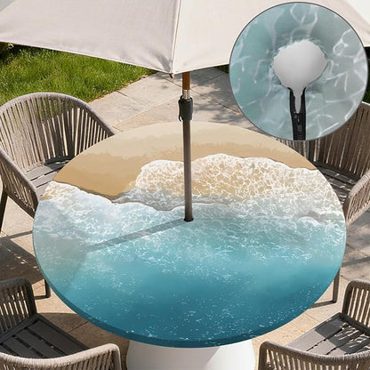 Outdoor Tablecloth with Umbrella Hole and Zipper Fits 37-44" Tables | Waterproof Round Fitted Tablecloth with Elastic Edge, Wipeable Outdoor Table Cover for Patio, Garden, Picnic