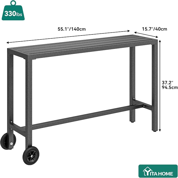 YITAHOME 55" Outdoor Bar Table | Rectangle Narrow Counter Height Table, Ideal Bar Height Table For Balcony, Patio, Garden, Yard, Poolside, Silver Bottom
