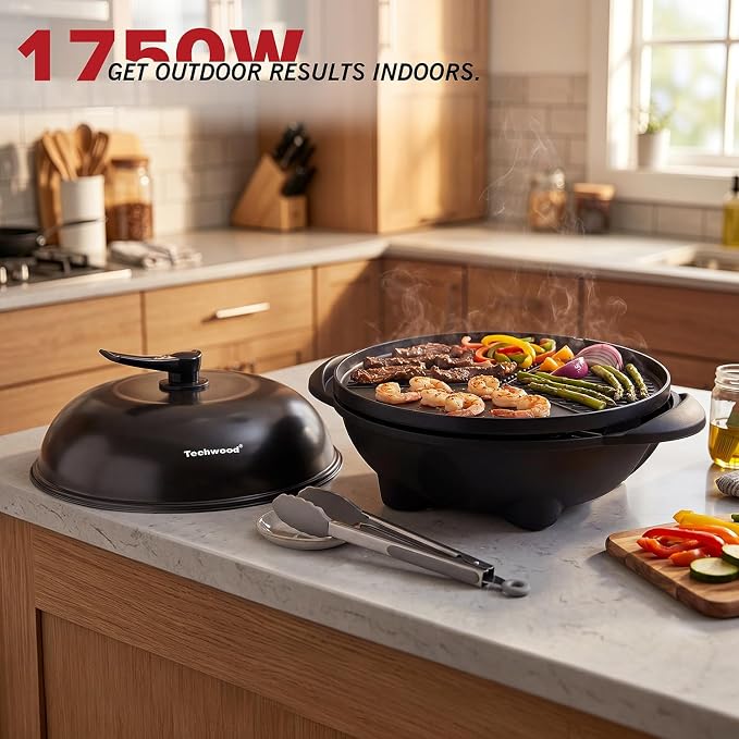 Electric Grill, Techwood 2-in-1 Portable Indoor/Outdoor Grill, 1750W Removable Stand Grill with Nonstick Plate, Electric Griddle for Camping, Patio & Backyard, Stand/Tabletop Options for Cookouts