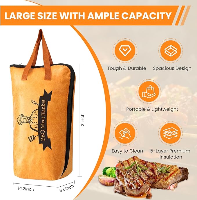 21 Inch BBQ Blanket for Resting Meat, Reusable Oil-Proof Smoker Grilling Bag with 5-Layer Insulation, Essential BBQ Accessories for Brisket/Beef/Pork Shoulders/Ribs/Turkeys, Gifts for Men