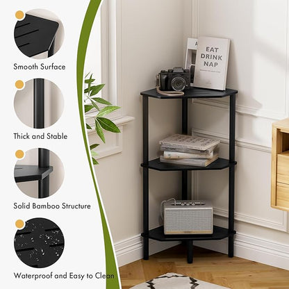 Black Corner Shelf, 3 Tier Bamboo Corner Bookshelf, Display Shelf, Corner Bathroom Shower Caddy, Toilet Paper Stand, Indoor Plant Stand Balcony, Storage Organizer Cabinet for Kitchen, Living Room