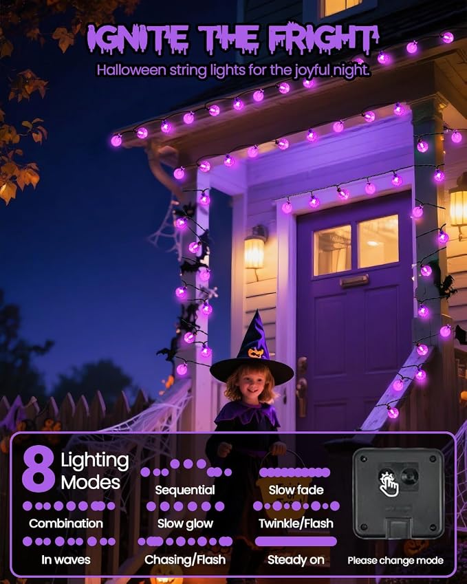 LORRYTE 2 Pack 64FT 100 LED Crystal Globe Solar Halloween Lights, Purple | Halloween String Lights Outdoor Waterproof, 8 Modes, Solar Powered Halloween Decorations for Outside Garden Patio Party Yard