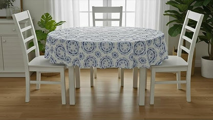 Newbridge Blue Tie Dye Vinyl Tablecloth, 60 x 84 Inch Oval – Flannel Backed Blue and White Table Cover for Dining, Picnics, BBQs, and Parties