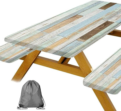 JAWO Rustic Wooden Picnic Table Cover with Bench Covers, Modern Camping RV Essentials Gear Supplies Outdoor Waterproof Windproof Tablecloth with Elastic, 30X72in