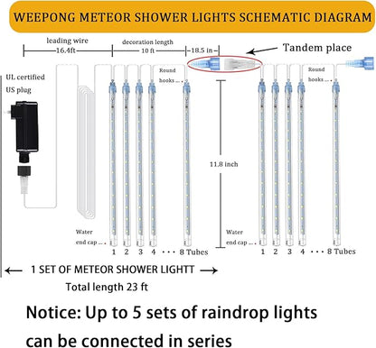 Weepong Christmas Lights Outdoor UL Certified Meteor Shower Lights 12 Inch 8 Tubes 192 LED Falling Rain Drop Icicle Snow Cascading Light for Xmas Tree Wedding Party Garden Decoration, White