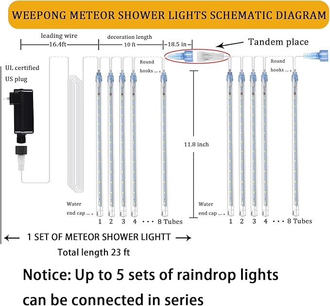 Weepong Meteor Shower Lights Outdoor Christmas Lights UL Certified Falling Rain Drop Snowfall Icicle Cascading String Light for Xmas Holiday Tree Wedding Party Garden Decor Blue, 12 Inch 8 Tubes
