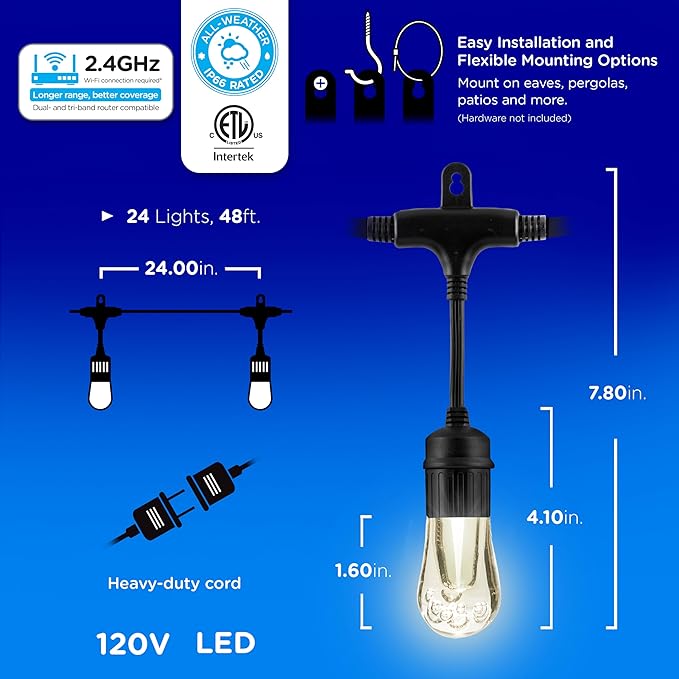 Enbrighten Vintage Outdoor String Lights, 48ft, 24 Bulbs, Smart (Pack of 2)