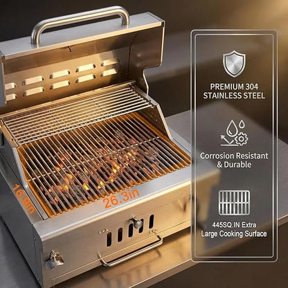 Large Charcoal BBQ Grills, Built in Barbecue Grill with Liftable Tray, Insulated Hood & Temp Gauge, Silver Stainless Steel BBQ Barrel Grill for Outdoor Kitchen Cooking Family Parties Patio Park Style