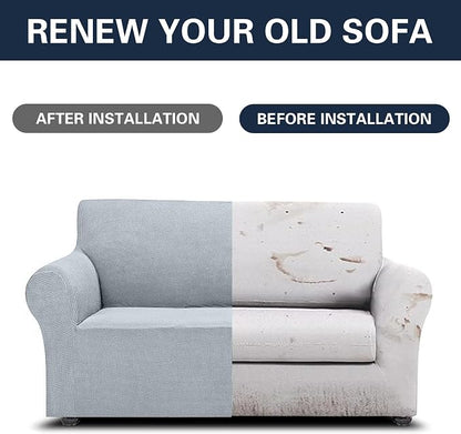 Cupuamon 2026 New Stretch Loveseat Sofa Slipcovers Couch Cover for 2 Cushion Furniture Protector Sofa Covers with Elastic Bottom Jacquard Fabric Small Checks for Pets, Kids - Silver