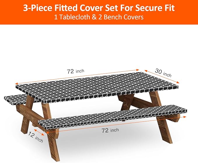 6ft 72in Picnic Table and Bench Cover, 3 Pack, Black-White Moroccan | Waterproof Windproof, Elastic Fitted Edges Tablecloth, for Rectangle Table & Seat, Camping Essentials RV Gear