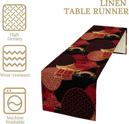 Vintage Oriental Landscape Table Runner Asian Chinese Luxury Red Black Gold Bamboo Pagoda Bridge Dinner Runner Table Decoration for Home Kitchen Dining Table Party 13x90in