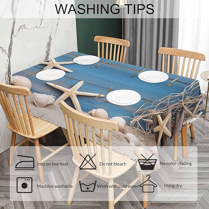 52x70 Inch Tablecloth Starfish Seashell, Beach Seashells Fishnet Rustic Wood Non-Fading Table Covers Kitchen Dinning Tabletop Decoration, Washable Table Cloth for Outdoor and Indoor Use