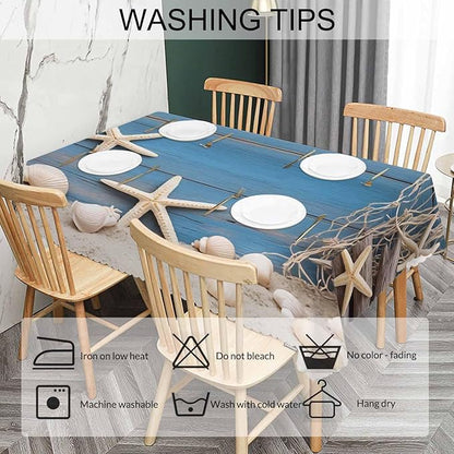 52x70 Inch Tablecloth Starfish Seashell, Beach Seashells Fishnet Rustic Wood Non-Fading Table Covers Kitchen Dinning Tabletop Decoration, Washable Table Cloth for Outdoor and Indoor Use