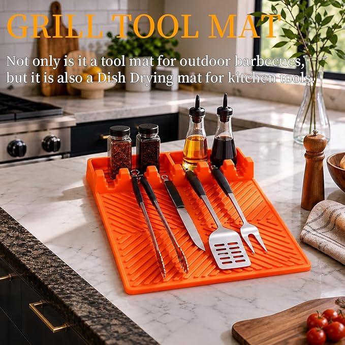 Silicone Griddle Tools Mat for Blackstone griddle accessories, Reusable grill accessories, Spatula Silicone Mat with Drip Pad for Outdoor Grill Side Shelves 16 * 11.5 inches （Orange)