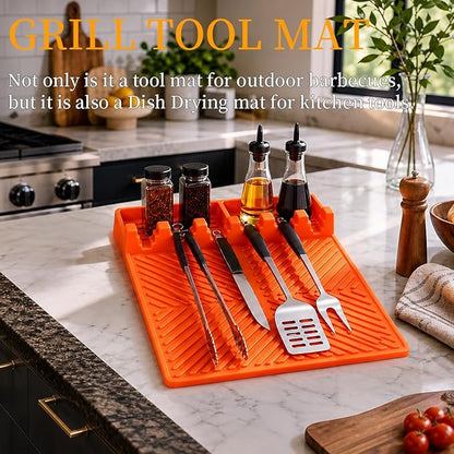 Silicone Griddle Tools Mat for Blackstone griddle accessories, Reusable grill accessories, Spatula Silicone Mat with Drip Pad for Outdoor Grill Side Shelves 16 * 11.5 inches （Orange)