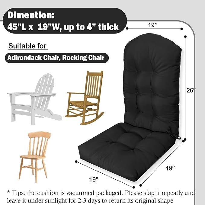 Adirondack Chair Seat Cushion for Outdoor Patio Wicker Porch Furniture | Waterproof cover with straps, PP cotton, high back thick seat pad for adirondack rocking chair lawn indoor outdoor 44x19x4