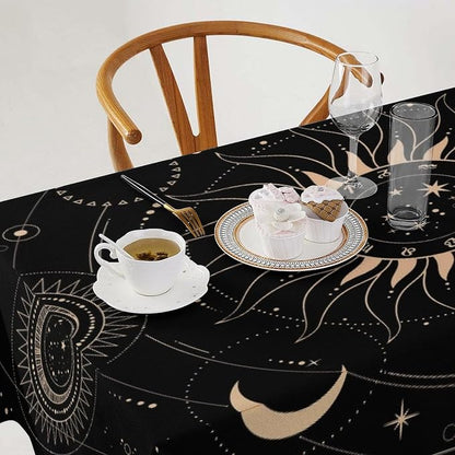 Vintage Tarot Moon Tablecloth Boho Mystical Crescent Cosmic Zodiac Star Galaxy Space Table Cloth Water Resistant Wipeable Table Cover for Picnic Party Holiday Kitchen Dinner Table 60"x110"