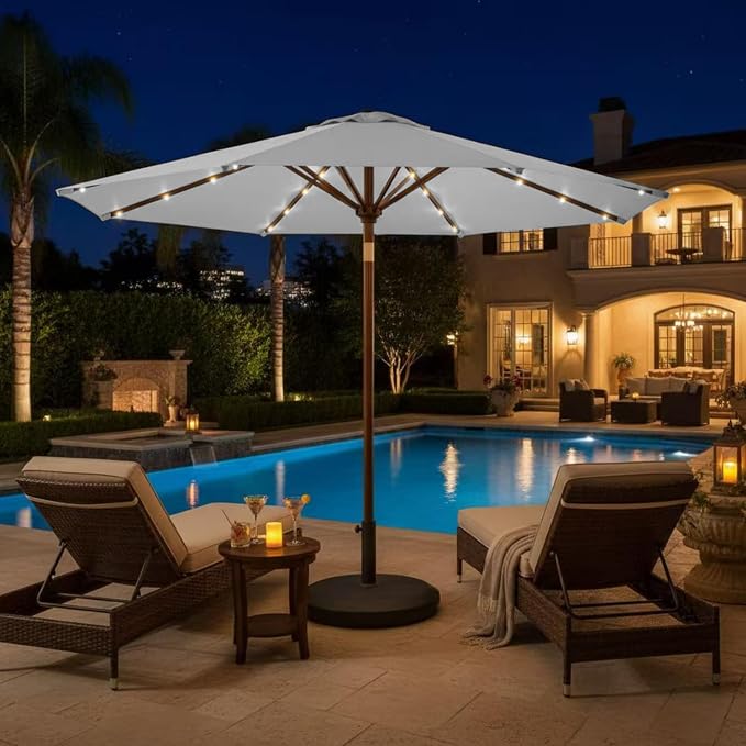9' Solar LED Patio Umbrella with Tilt & Crank|8 Sturdy Ribs,UV Protection,Outdoor Market Table Umbrella for Deck,Lawn,Pool,Backyard(Light Gray)