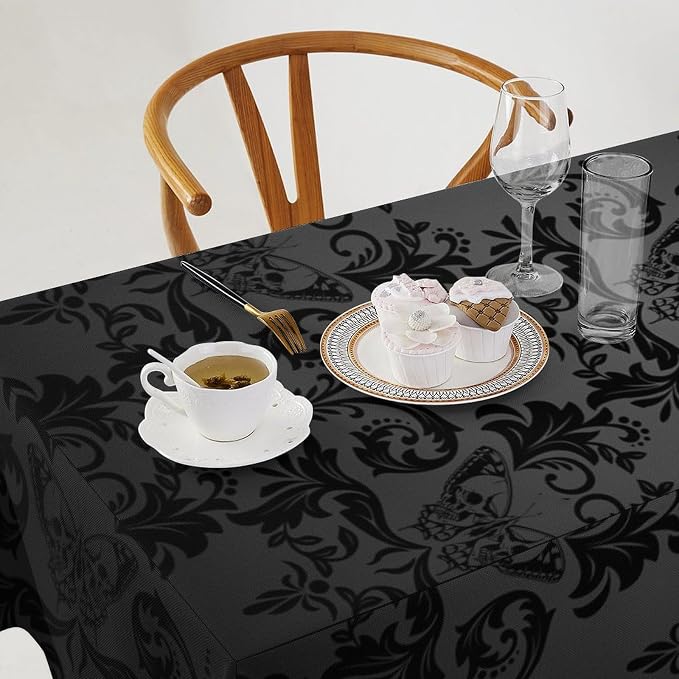 Gothic Black Damask Tablecloth, Vintage Floral Exotic Butterfly Suger Skull Bohemian Antique Table Cloth Water Resistant Table Cover for Farmhouse Party Holiday Kitchen Dinner Table 55x75"