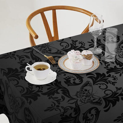 Gothic Black Damask Tablecloth, Vintage Floral Exotic Butterfly Suger Skull Bohemian Antique Table Cloth Water Resistant Table Cover for Farmhouse Party Holiday Kitchen Dinner Table 60x120"