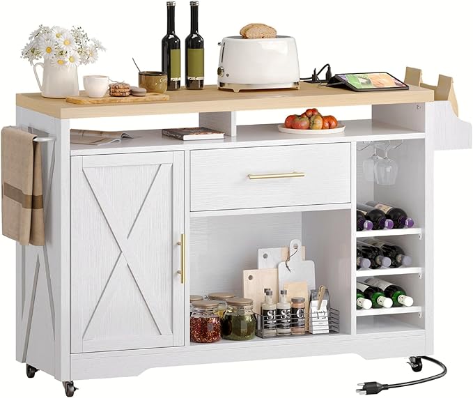 YITAHOME Large Kitchen Island with Power Outlet, Rolling Kitche Cart with Wine Rack, Mobile Storage Islands with Spice Rack Glass Holder, Island Table on Wheels for Living Room, 50 Inch Wide, White