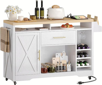 YITAHOME Large Kitchen Island with Power Outlet, Rolling Kitche Cart with Wine Rack, Mobile Storage Islands with Spice Rack Glass Holder, Island Table on Wheels for Living Room, 50 Inch Wide, White
