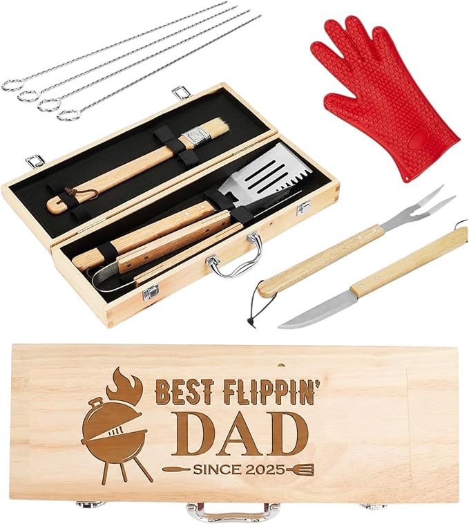 Custom Engraved BBQ Grill Set for Dad, 11 Pcs Grill Tool Set, Personalized Father’s Day BBQ Gift for Dad, Best Dad Barbecue Accessories, Stainless Steel Grill Tools with Wooden Case, BBQ Gifts for Men