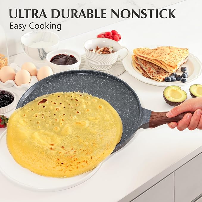 SENSARTE 12 Inch Nonstick Crepe Pan Granite Coating Pancake Pan Gray | Swiss Granite Coating Dosa Pan Pancake Flat Skillet Tawa Griddle with Stay-Cool Handle, Induction Compatible