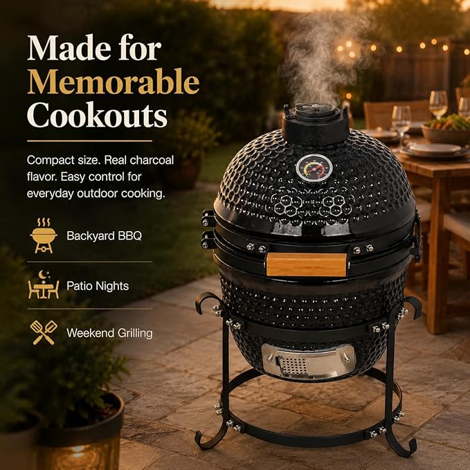 Ceramic Charcoal BBQ Kamado Griller - Portable Small Tabletop Smoker - Round Barbecue Grill and Cooker for Variations on Cooking (Black)