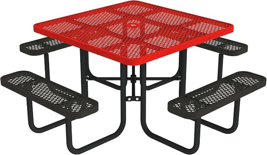 Norwood Commercial Furniture Open Air Series Heavy Duty Portable Square Surface Mount, 46-Inch Outdoor Picnic Table, Red Top/Black Seat