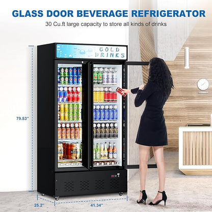 Commercial Beverage Refrigerator, 30 Cu.ft. Fridge Display Glass Door Upright Display Door with Adjustable Shelves LED Light for Restaurant,Grocery Stores,Office