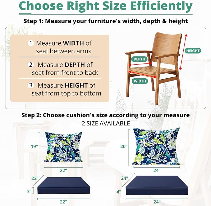 Outdoor Chair Cushion Patio Furniture Seat & Back Pillow 22 x 22 Inch Green | Rain-Proof Cover Removable Replacement with Ties for Wicker Sofa Couch Sunbrella Outside Floral
