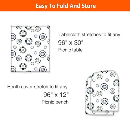 8ft Picnic Table and Bench Cover, Camping Essentials RV Gear, 96 in Waterproof Windproof Outdoor Elastic All Around Tablecloth, Fitted Rectangle Tables and Seats, Blue Flywheel
