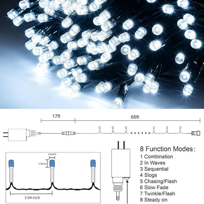 HOME LIGHTING 66ft Christmas Decorative Mini Lights, 200 LED Green Wire Fairy Starry String Lights Plug in, 8 Lighting Modes, for Indoor Outdoor Xmas Tree Wedding Party Decoration (White)