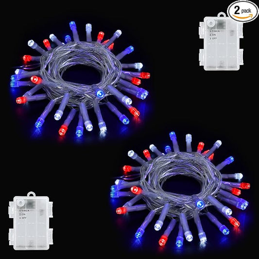 cshare Red White and Blue Lights Battery Operated, 4th of July Lights with Timer Outdoor Waterproof 9.8ft 30 LED for 4th of July Independence Day Decorations Garland Party Garden 2 Packs