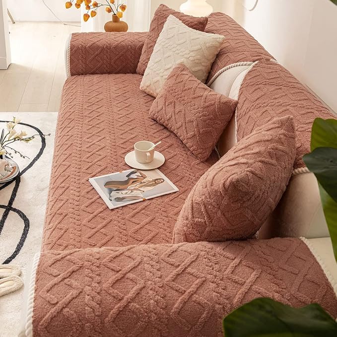 vctops Geometric Jacquard Plush Sofa Couch Covers Farmhouse Neutral Non Slip Sectional Couch Cover Soft Warm Sofa Slipcover for Dogs, Children, Pets Furniture Protector (Orange,28"x82")