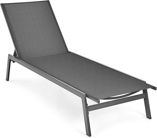 Tangkula Outdoor Chaise Lounge Chair, 6-Position Adjustable Reclining Chair with Breathable Fabric and Heavy Duty Steel Frame, Patio Lounge Chair for Garden, Backyard and Poolside (1, Gray)
