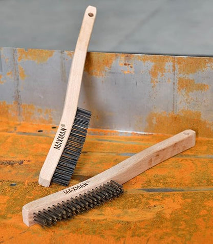 MAXMAN Wire Brush, Heavy Duty Carbon Steel and Stainless Steel Wire Brushes for Cleaning Rust, Grill, Paint Removal, Welding, Stiff Bristle Metal Brush with 14" Long Beech Wood Handle, Large, 2Pcs | Long Beech Wood Handle, Heavy Duty Wire Brushes for C...