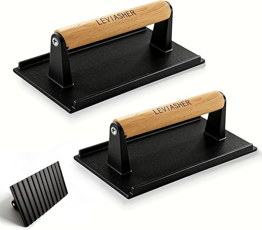 2Pack 2.1lb Steak Weight & Burger Press, Striped Base, 7"X4" Heavy Duty Cast Iron Grill Press with Wood Handle for Blackstone, Chef, Camp, Panini, Vegetable, Bacon, Sandwich, BBQ