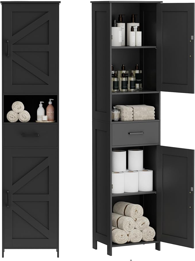 Homhedy 67" H Tall Bathroom Storage Cabinet with Barn Doors and Drawer | Narrow Storage Unit with Adjustable Shelves, Floor Cabinet for Bathroom, Living Room, Entryway or Kitchen, Black, 15.7" W