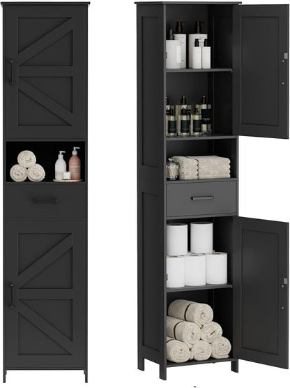 Homhedy 67" H Tall Bathroom Storage Cabinet with Barn Doors and Drawer | Narrow Storage Unit with Adjustable Shelves, Floor Cabinet for Bathroom, Living Room, Entryway or Kitchen, Black, 15.7" W