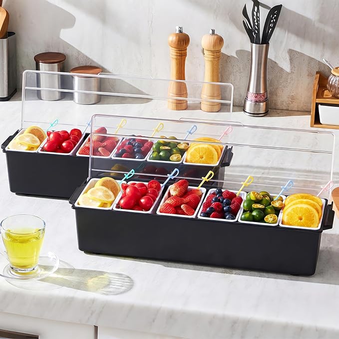 VEVOR Ice Cooled Condiment Serving Container, 6 Compartments Chilled Server, Fruit Veggie Condiment Caddy, Plastic Garnish Station Lid Dispenser Tray, for Bartending & Serving Taco Restaurant Supplies