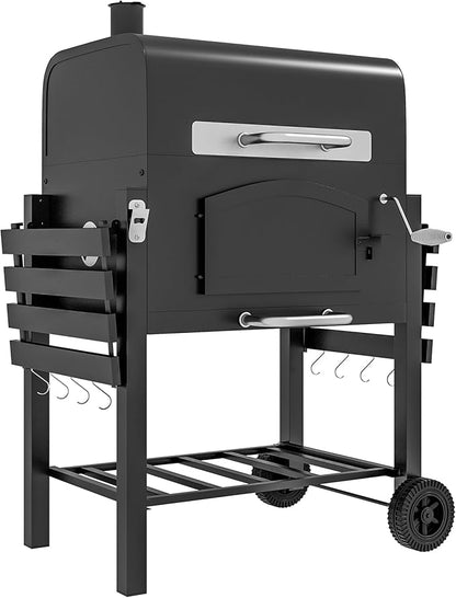 GOWE Charcoal Grill, BBQ with Adjustable Height, Portable Barbecue with Folding Shelves, Thermometer, Bottle Opener & Wheels for Outdoor Camping, Picnic, Patio, Backyard, Black