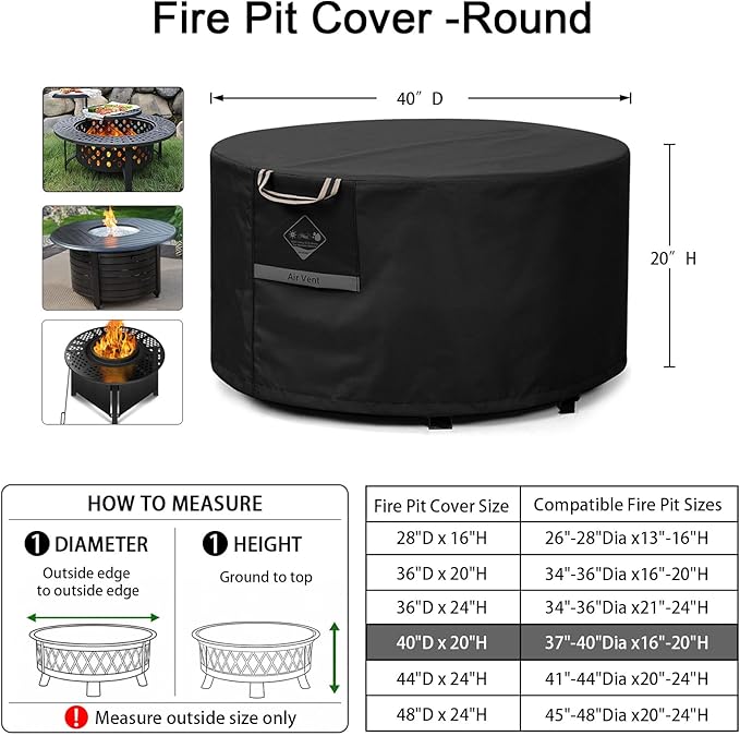 QH.HOME Fire Pit Cover Round Super Waterproof, 40inch Outdoor Round Firepit Cover 600D Strong Tear Resistant, UPF 50+ Fire Pit Covers Premium Fading Resistant for Outdoor Fire Pit - Black